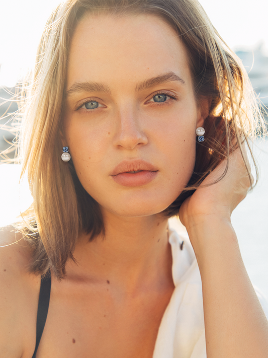 Light Blue Sapphire and Pearl Disco Studs