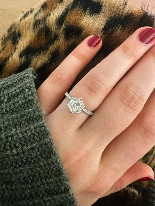Hexagon Diamond Engagement Ring with Pavé Band