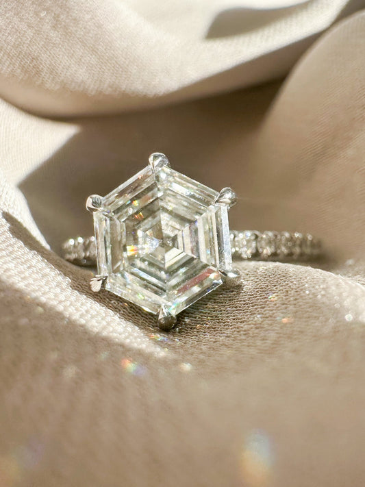 Hexagon Diamond Engagement Ring with Pave Band